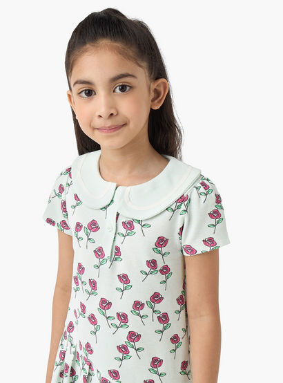 Juniors Peter Pan Collar Short Sleeves A-line Dress with Floral Print-girls-clothing-dressesandjumpsuits-image-4