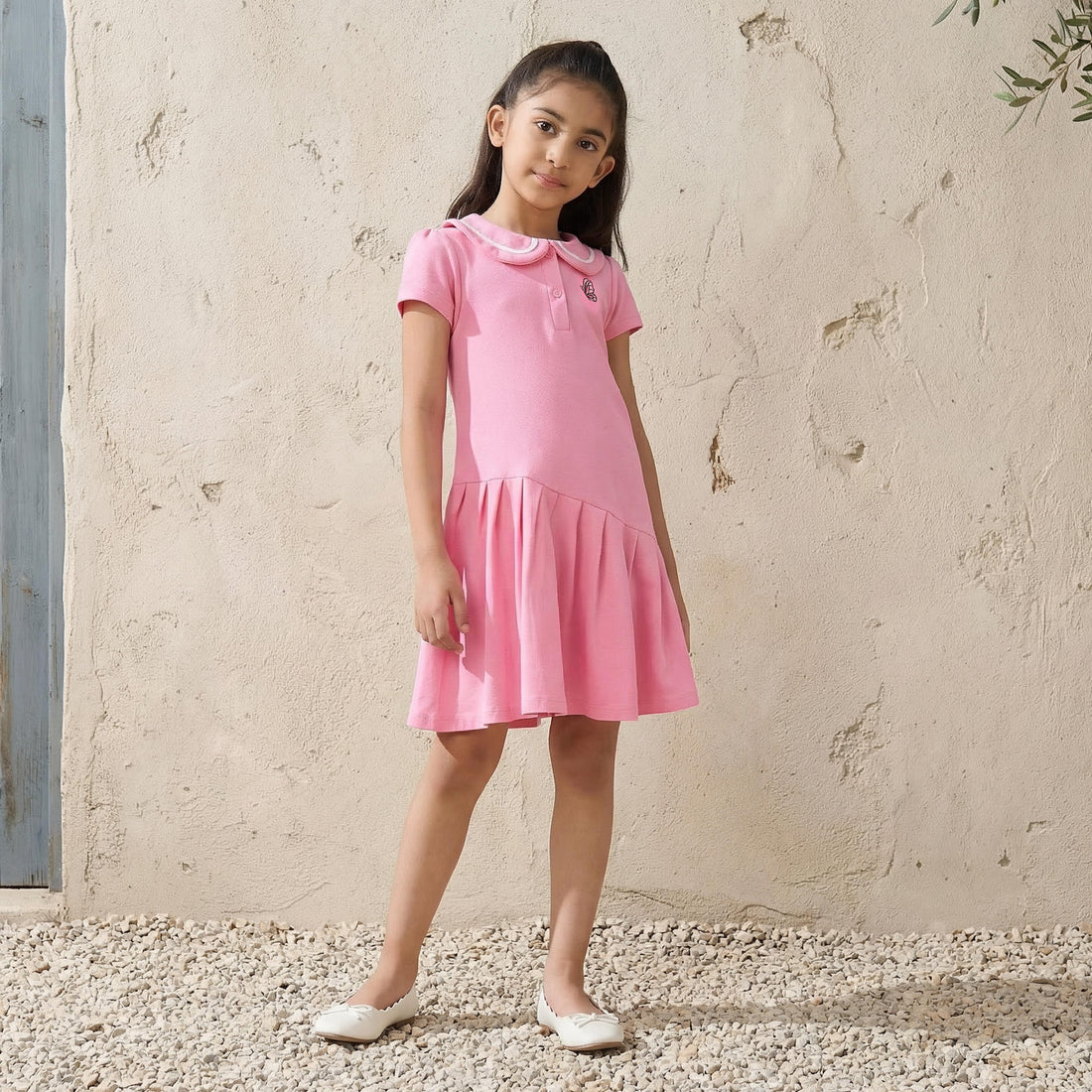 Juniors Peter Pan Collar Short Sleeves Dress with Butterfly Embroidery - Pink / 1-2 yrs