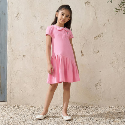 Juniors Peter Pan Collar Short Sleeves Dress with Butterfly Embroidery - Pink / 1-2 yrs