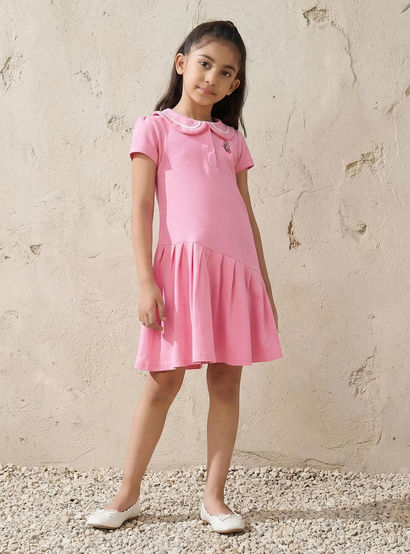 Juniors Peter Pan Collar Short Sleeves Dress with Butterfly Embroidery-girls-clothing-dressesandjumpsuits-image-1