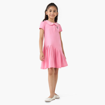 Juniors Peter Pan Collar Short Sleeves Dress with Butterfly Embroidery