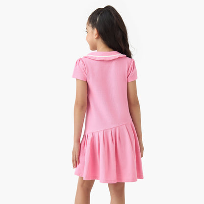 Juniors Peter Pan Collar Short Sleeves Dress with Butterfly Embroidery