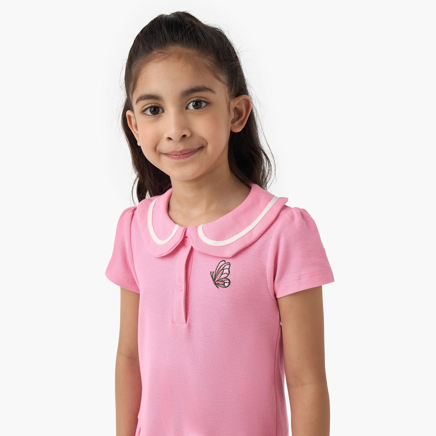 Juniors Peter Pan Collar Short Sleeves Dress with Butterfly Embroidery
