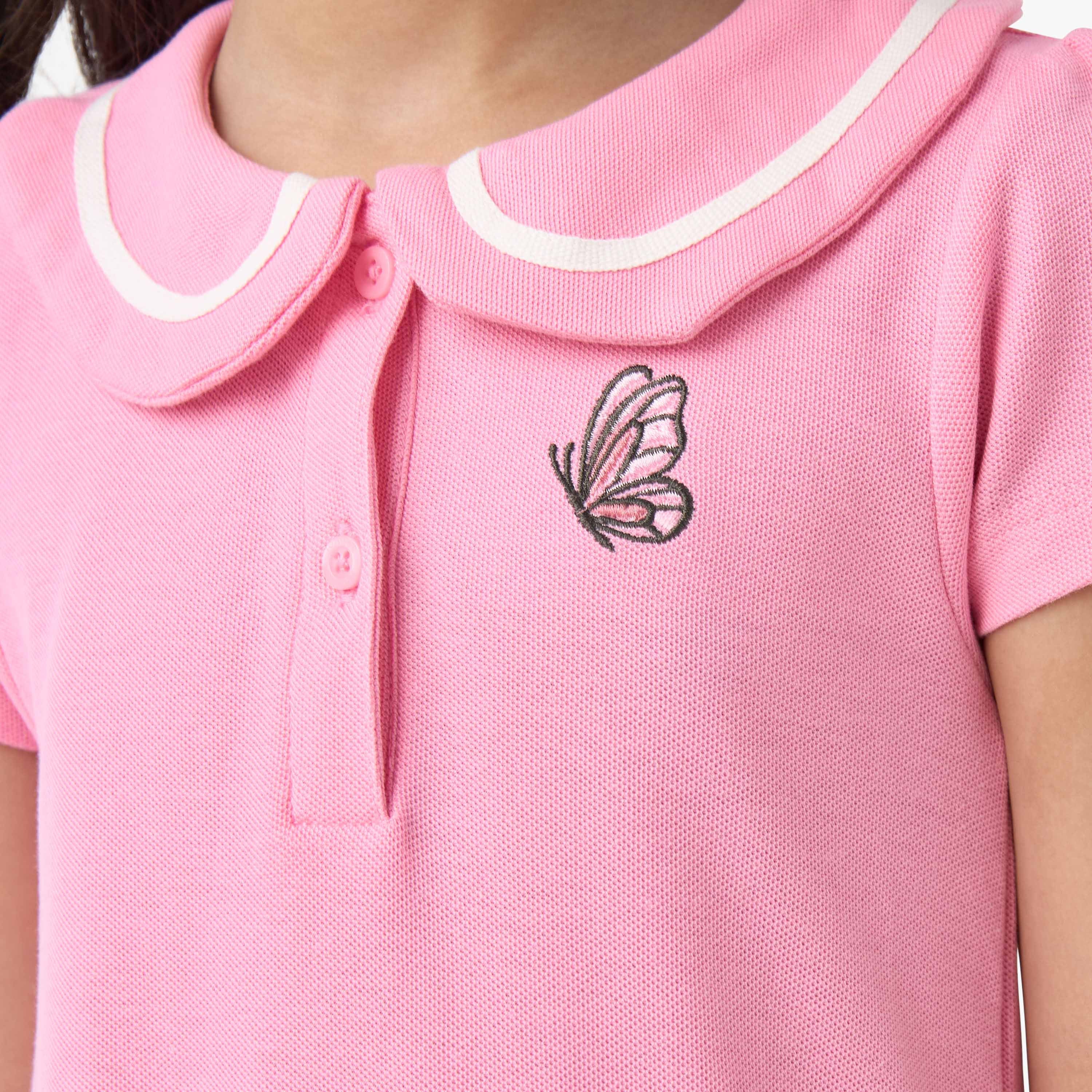 Juniors Peter Pan Collar Short Sleeves Dress with Butterfly Embroidery