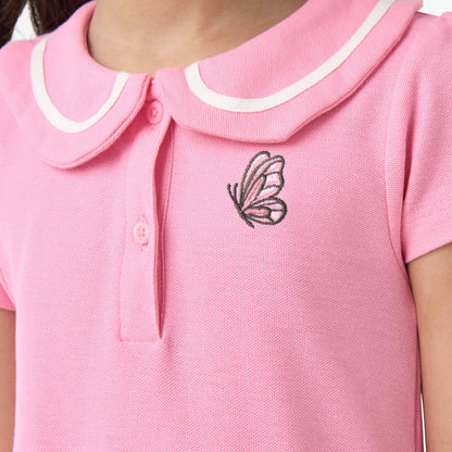 Juniors Peter Pan Collar Short Sleeves Dress with Butterfly Embroidery
