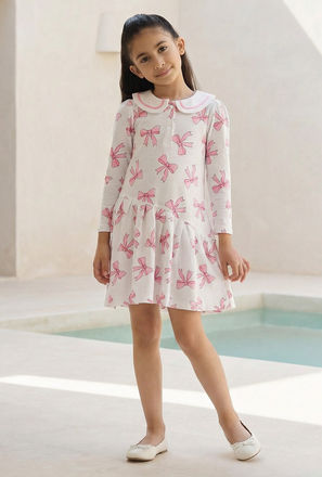 Juniors Peter Pan Collar Long Sleeves Dress with Bow Print