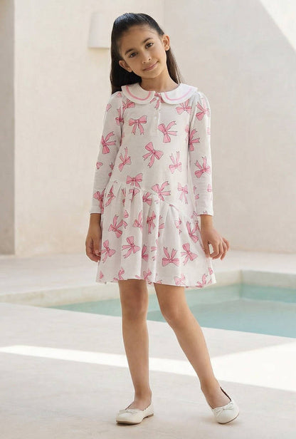 Juniors Peter Pan Collar Long Sleeves Dress with Bow Print