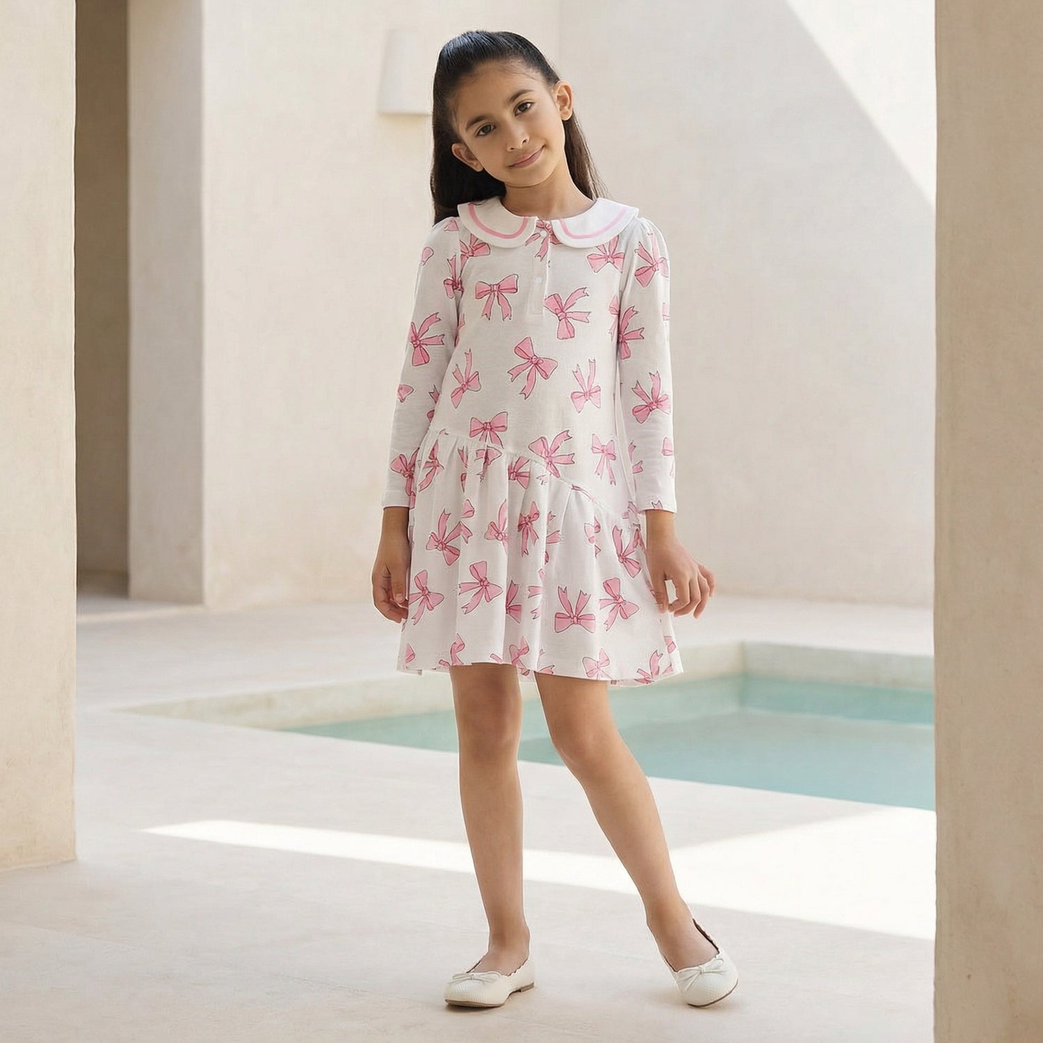 Juniors Peter Pan Collar Long Sleeves Dress with Bow Print - White / 1-2 yrs