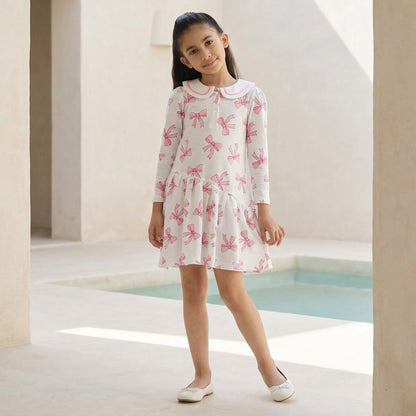 Juniors Peter Pan Collar Long Sleeves Dress with Bow Print - White / 1-2 yrs