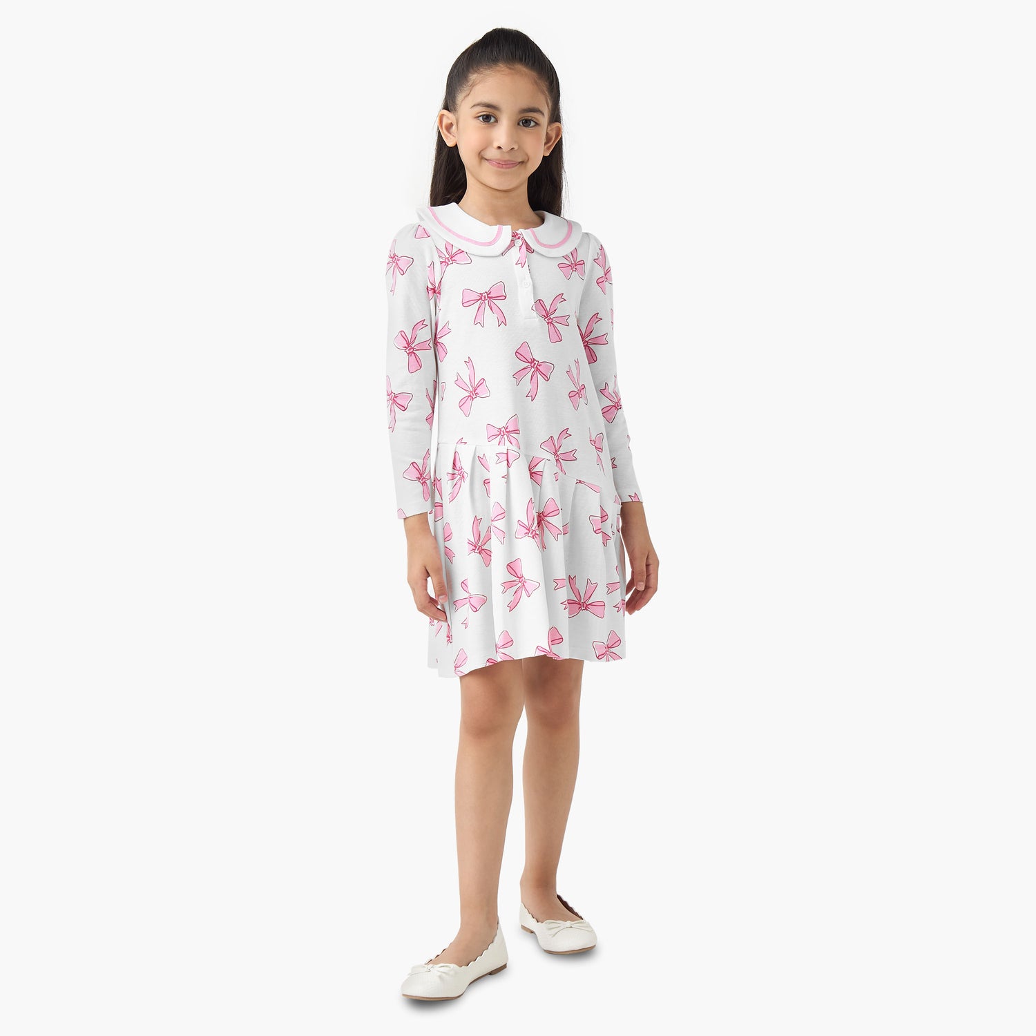 Juniors Peter Pan Collar Long Sleeves Dress with Bow Print