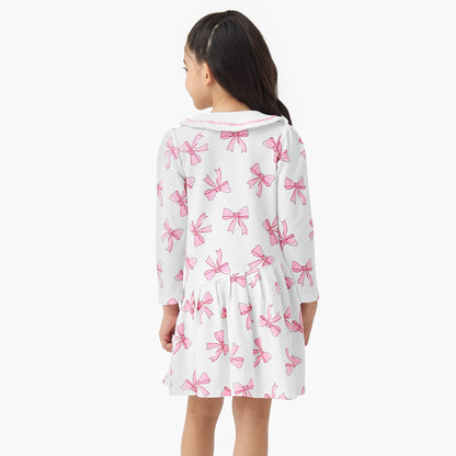 Juniors Peter Pan Collar Long Sleeves Dress with Bow Print