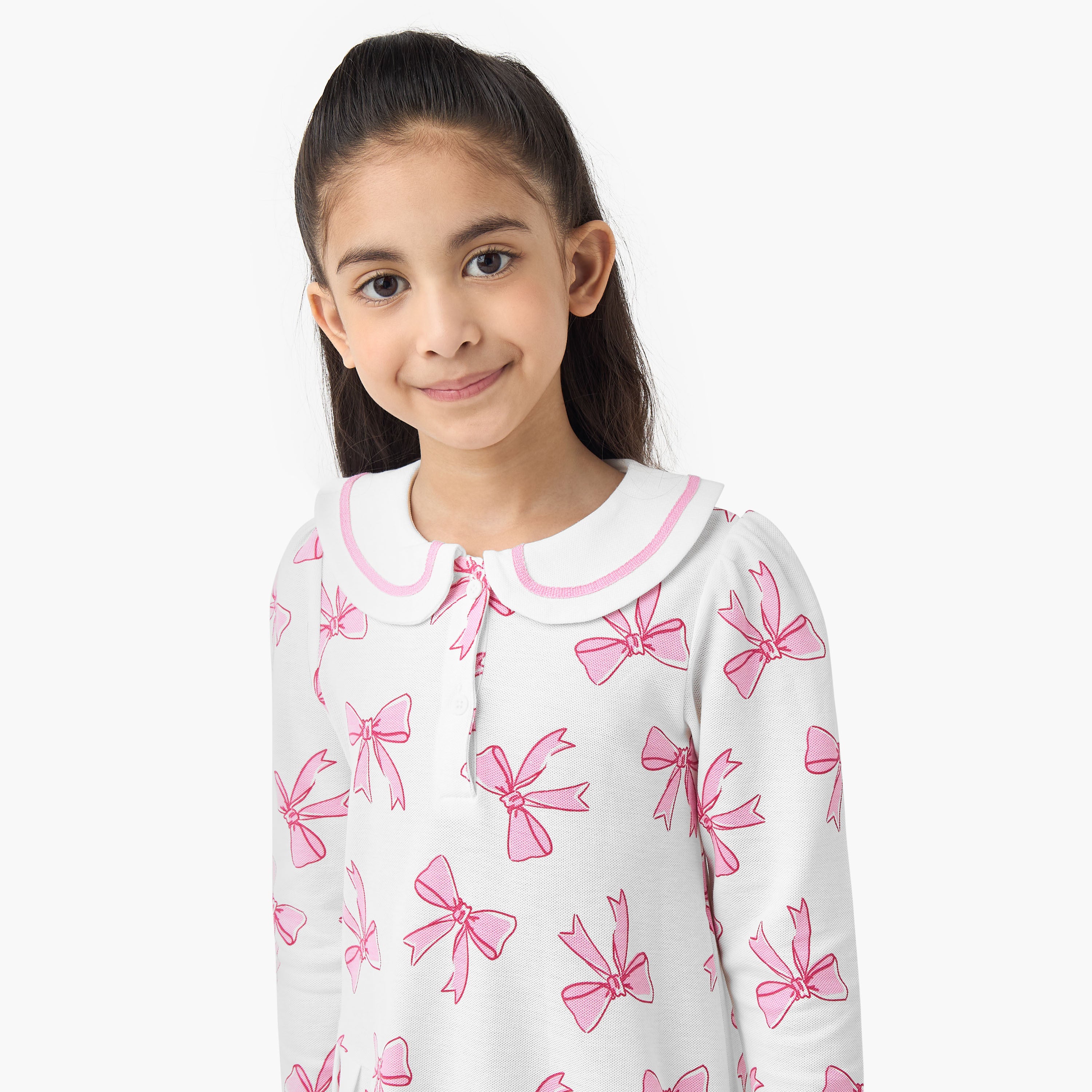 Juniors Peter Pan Collar Long Sleeves Dress with Bow Print