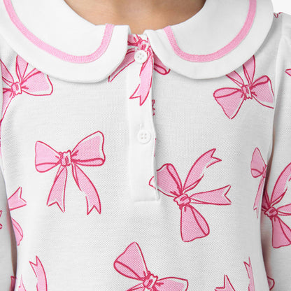Juniors Peter Pan Collar Long Sleeves Dress with Bow Print