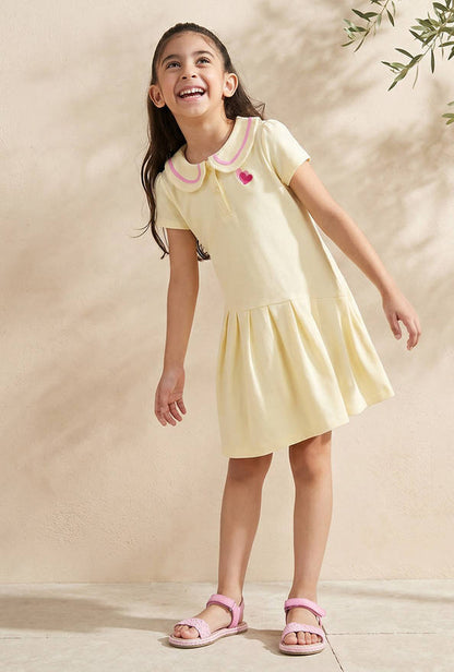 Juniors Peter Pan Collar Short Sleeves Dress with Heart Embroidery