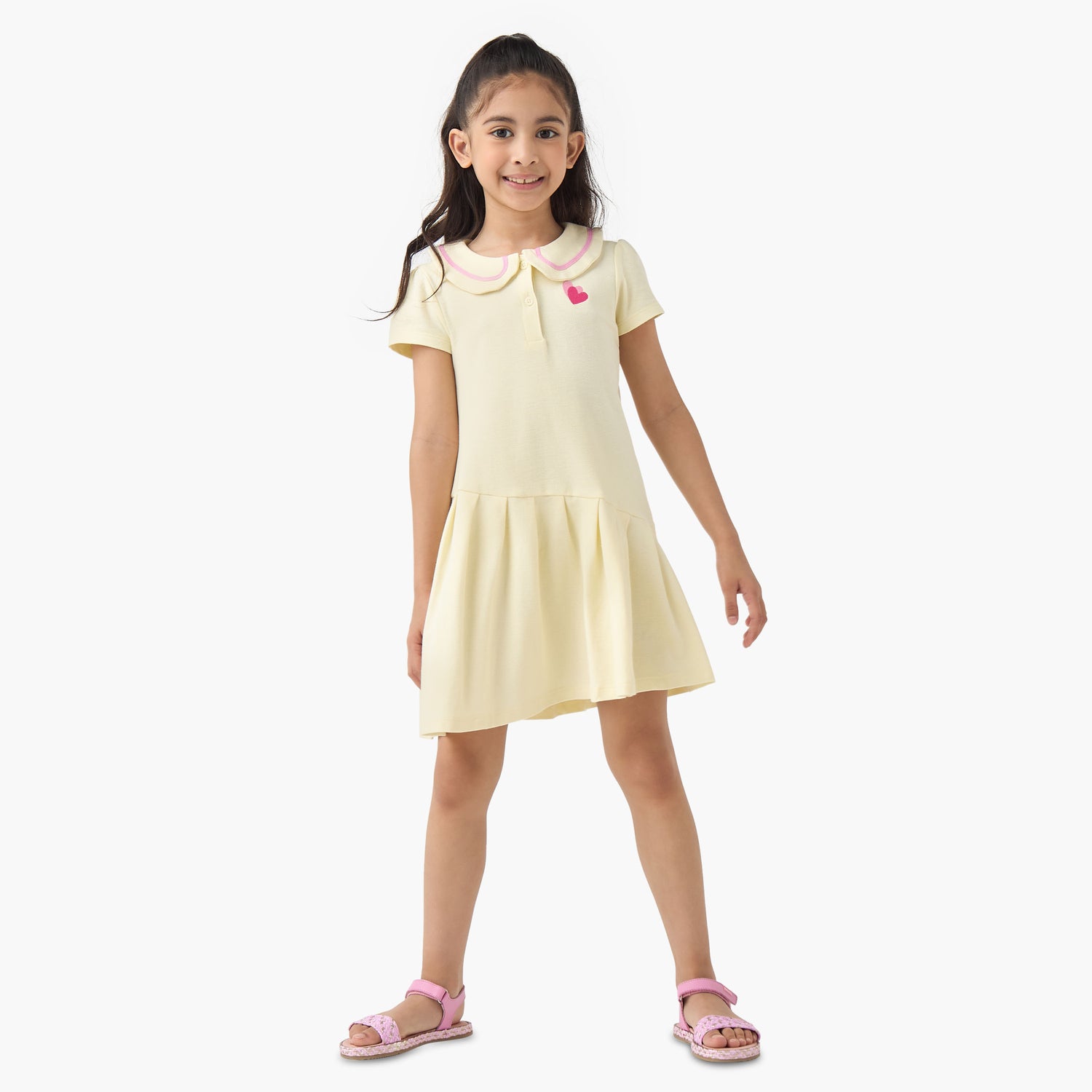 Juniors Peter Pan Collar Short Sleeves Dress with Heart Embroidery