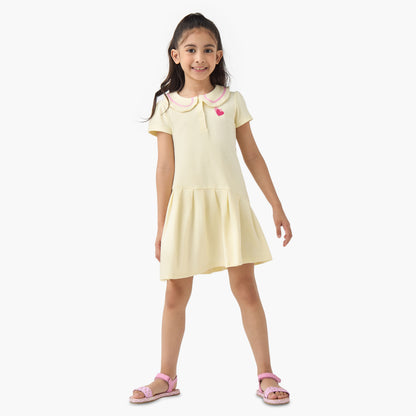 Juniors Peter Pan Collar Short Sleeves Dress with Heart Embroidery