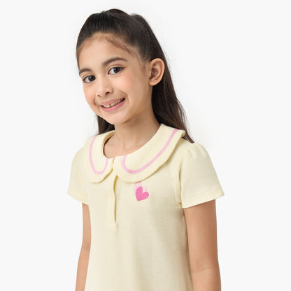 Juniors Peter Pan Collar Short Sleeves Dress with Heart Embroidery