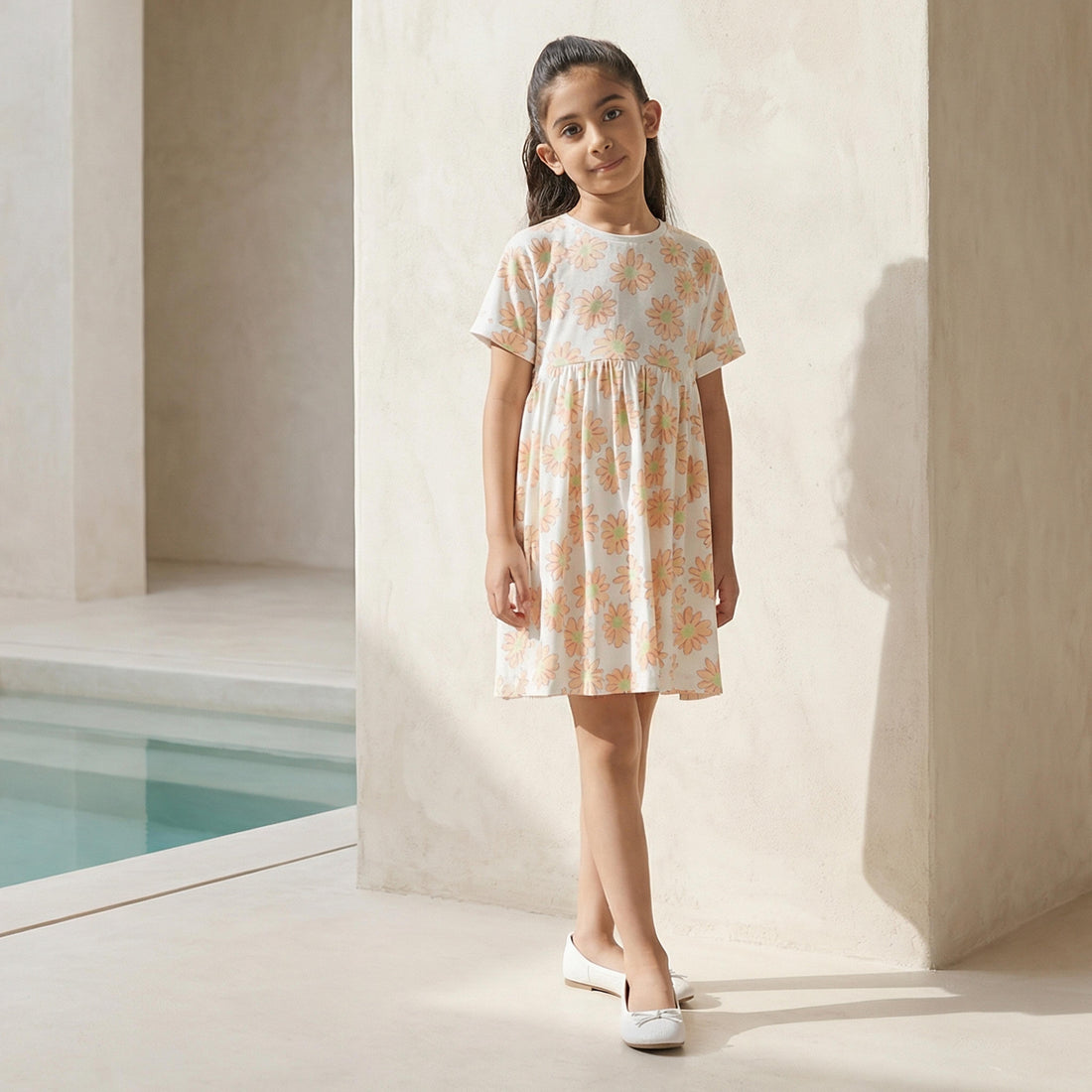 Juniors Round Neck Short Sleeves Skater Dress with Floral Print - White / 7-8 yrs
