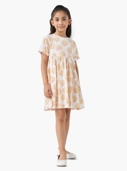 Juniors Round Neck Short Sleeves Skater Dress with Floral Print-girls-clothing-dressesandjumpsuits-image-2