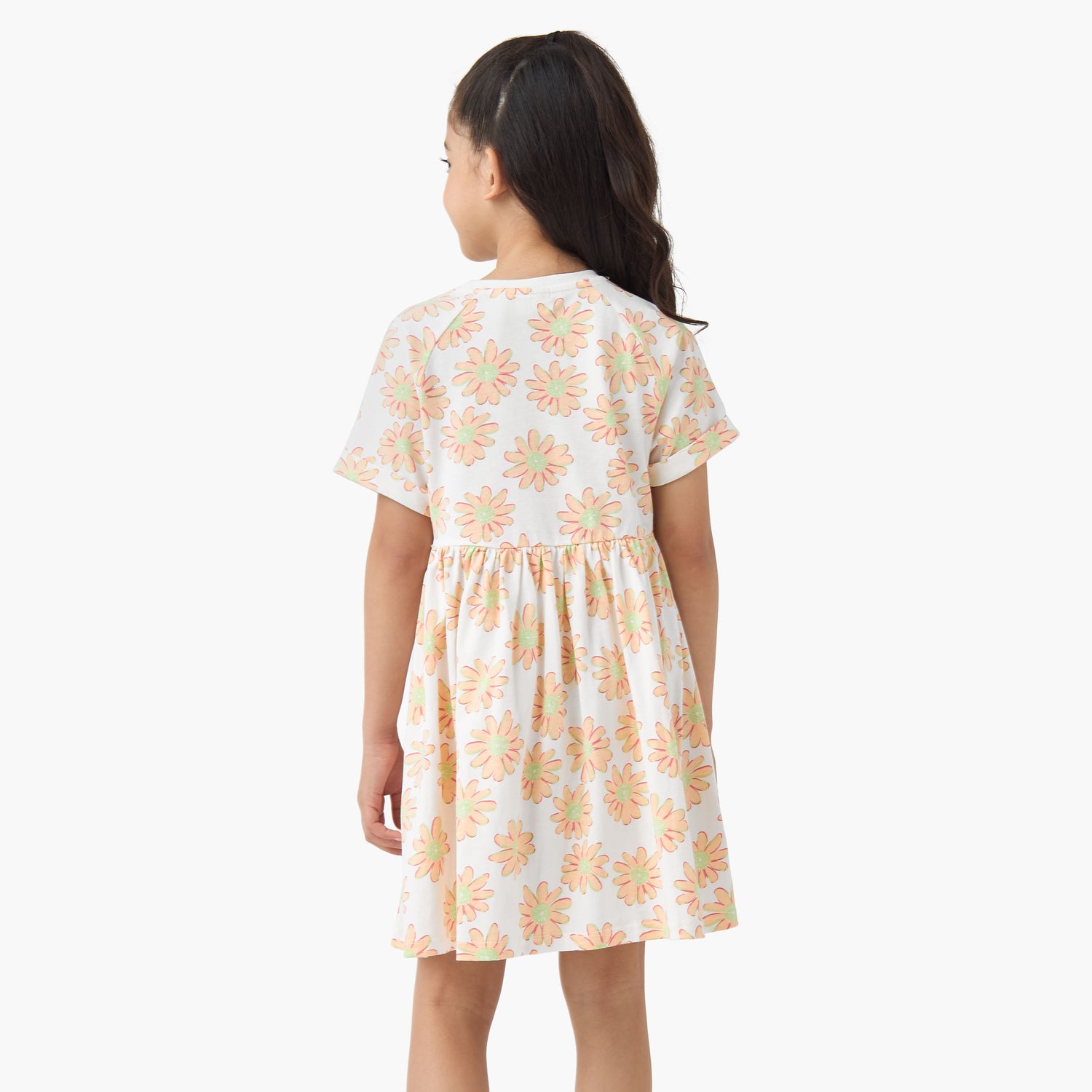 Juniors Round Neck Short Sleeves Skater Dress with Floral Print