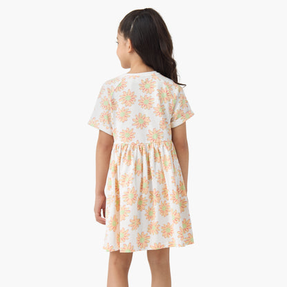 Juniors Round Neck Short Sleeves Skater Dress with Floral Print