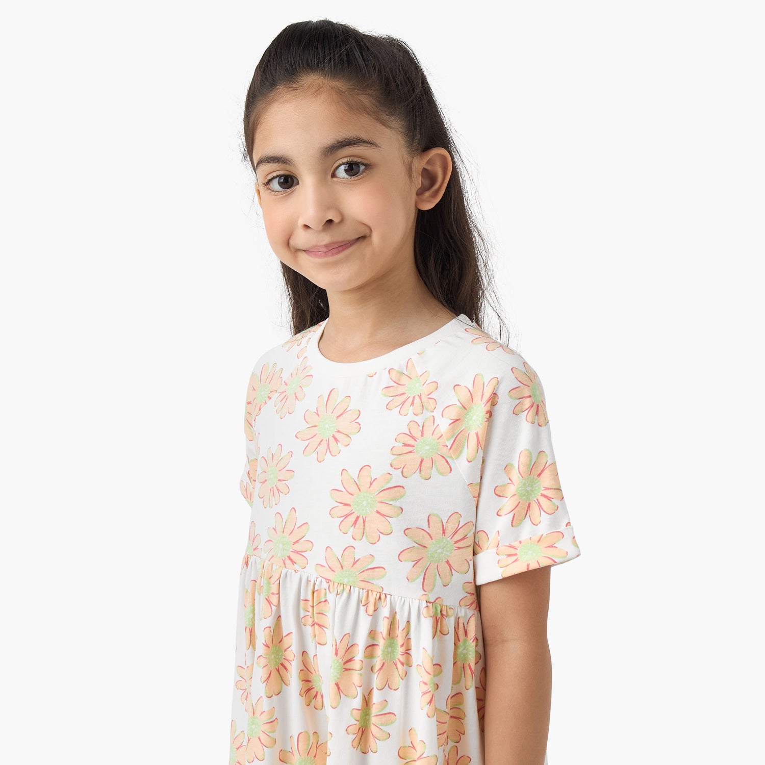 Juniors Round Neck Short Sleeves Skater Dress with Floral Print