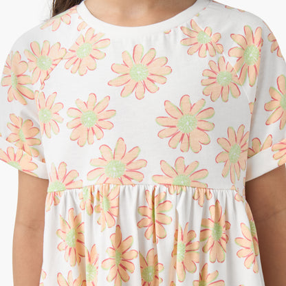 Juniors Round Neck Short Sleeves Skater Dress with Floral Print