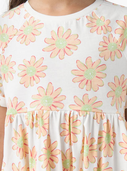 Juniors Round Neck Short Sleeves Skater Dress with Floral Print-girls-clothing-dressesandjumpsuits-image-5
