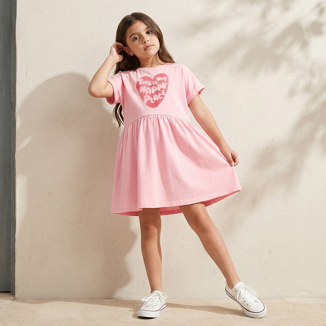 Juniors Round Neck Short Sleeves Midi Skater Dress with Glitter Slogan Print - Pink / 6-7 yrs