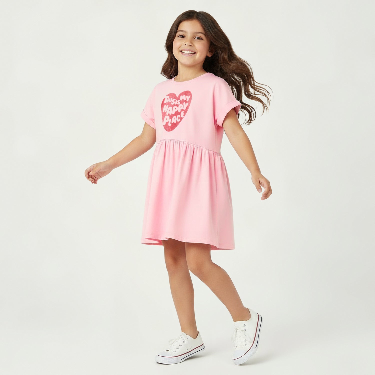 Juniors Round Neck Short Sleeves Midi Skater Dress with Glitter Slogan Print