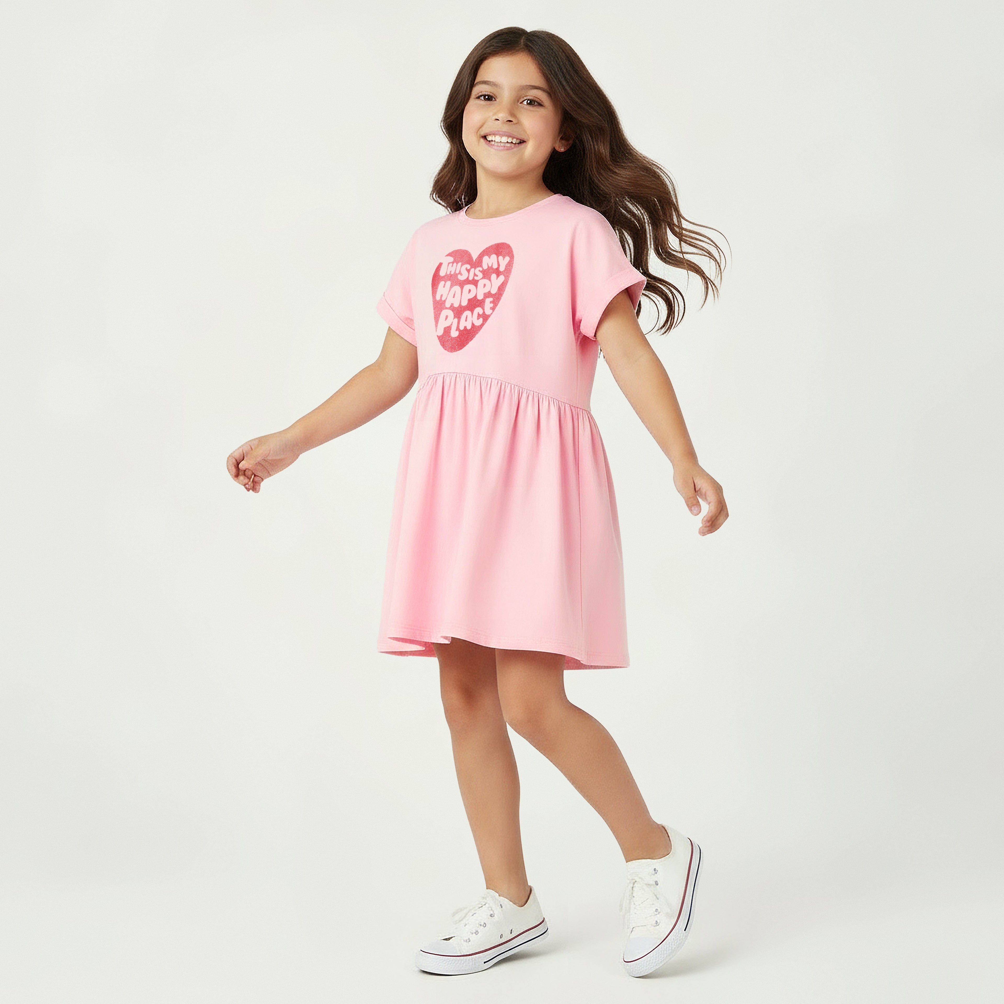 Juniors Round Neck Short Sleeves Midi Skater Dress with Glitter Slogan Print