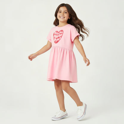 Juniors Round Neck Short Sleeves Midi Skater Dress with Glitter Slogan Print