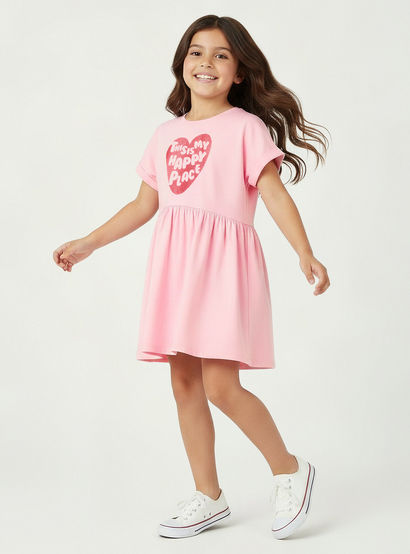 Juniors Round Neck Short Sleeves Midi Skater Dress with Glitter Slogan Print-girls-clothing-dressesandjumpsuits-image-2