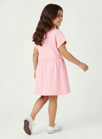 Juniors Round Neck Short Sleeves Midi Skater Dress with Glitter Slogan Print-girls-clothing-dressesandjumpsuits-image-3