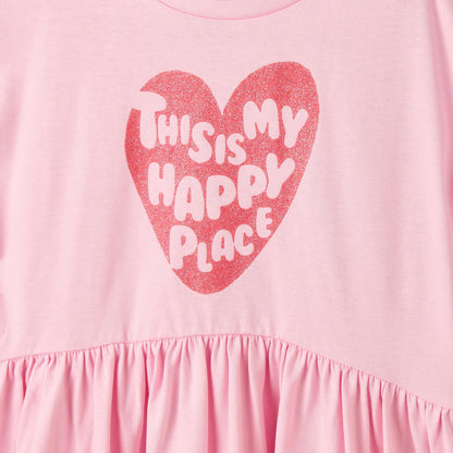 Juniors Round Neck Short Sleeves Midi Skater Dress with Glitter Slogan Print