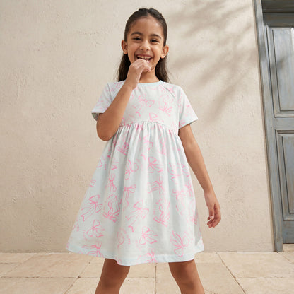 Juniors Round Neck Short Sleeve Dress with Bow Print - Blue / 7-8 yrs