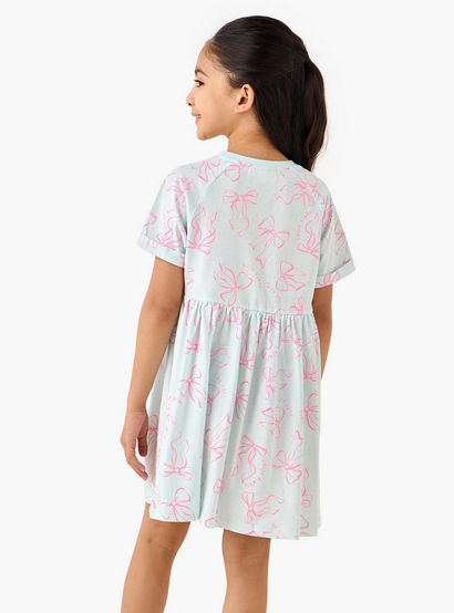 Juniors Round Neck Short Sleeve Dress with Bow Print-girls-clothing-dressesandjumpsuits-image-3