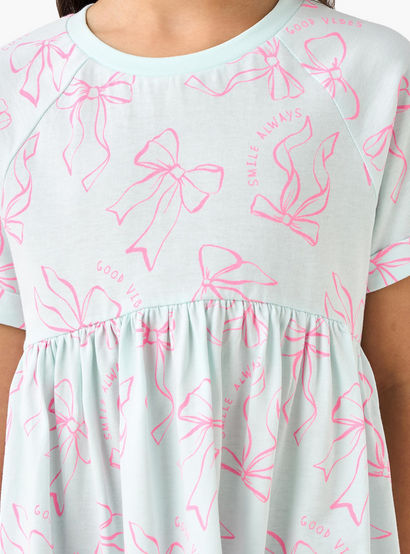 Juniors Round Neck Short Sleeve Dress with Bow Print-girls-clothing-dressesandjumpsuits-image-5