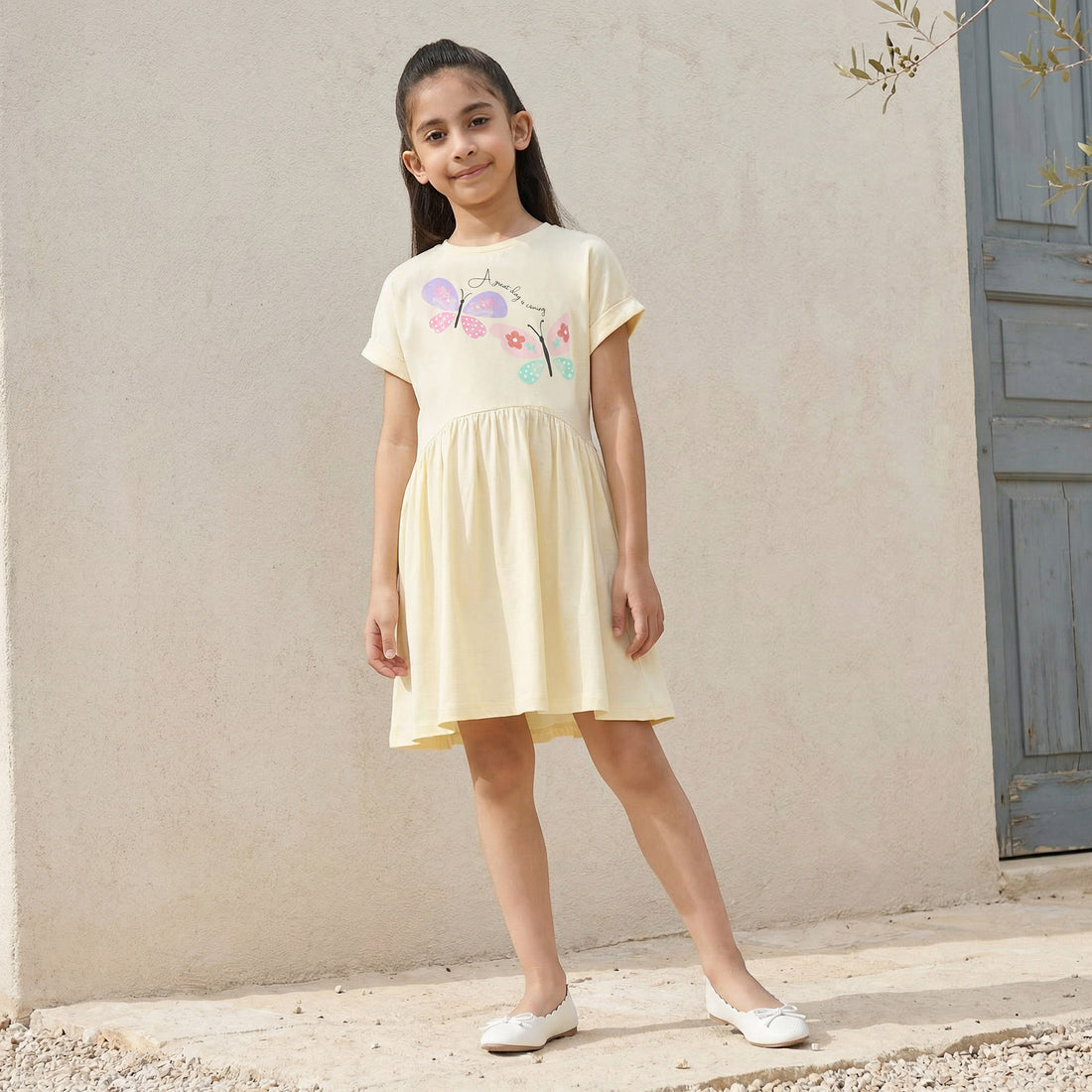 Juniors Round Neck Short Sleeves A-line Dress with Butterfly Print - Yellow / 2-3 yrs