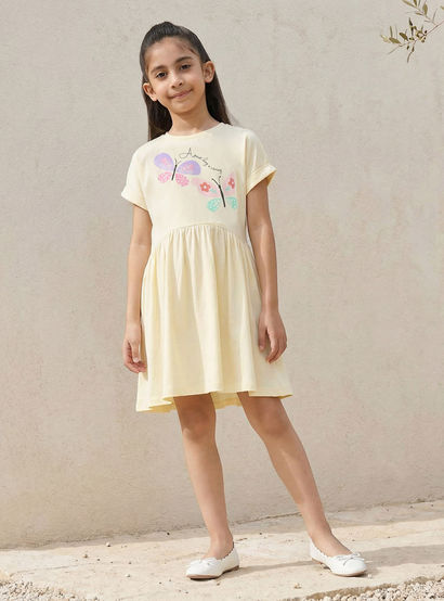 Juniors Round Neck Short Sleeves A-line Dress with Butterfly Print-girls-clothing-dressesandjumpsuits-image-1