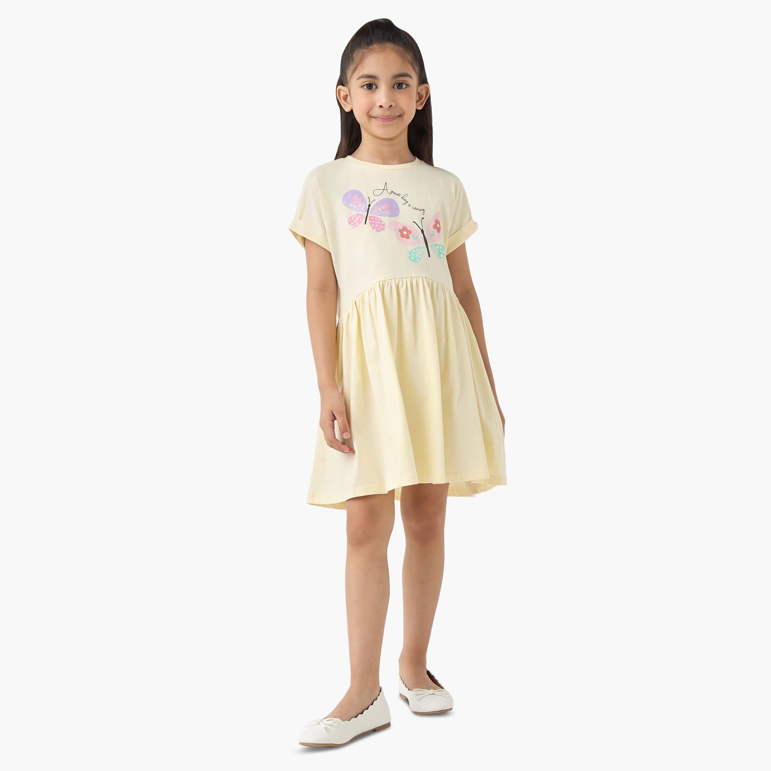 Juniors Round Neck Short Sleeves A-line Dress with Butterfly Print
