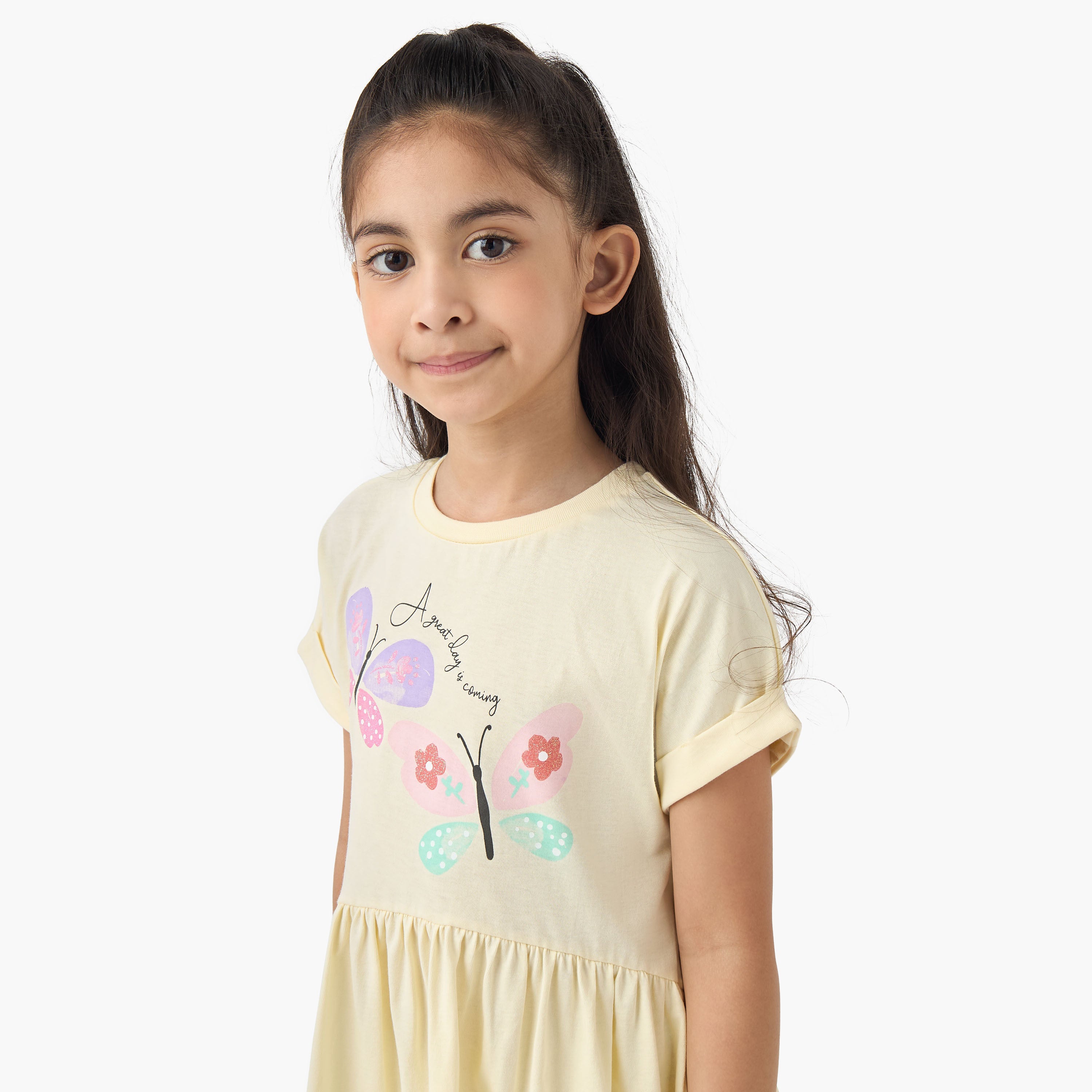 Juniors Round Neck Short Sleeves A-line Dress with Butterfly Print