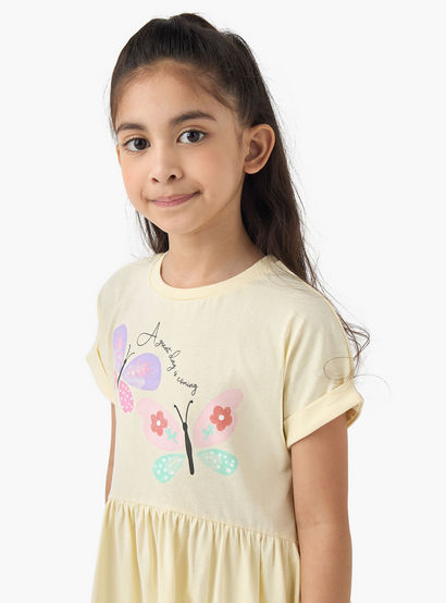 Juniors Round Neck Short Sleeves A-line Dress with Butterfly Print-girls-clothing-dressesandjumpsuits-image-4