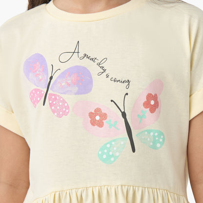 Juniors Round Neck Short Sleeves A-line Dress with Butterfly Print