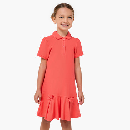 Juniors Collared Short Sleeves Drop Waist Dress with Bow Accent - Red / 1-2 yrs
