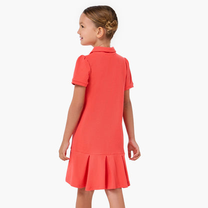 Juniors Collared Short Sleeves Drop Waist Dress with Bow Accent