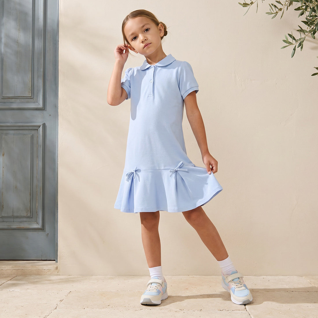 Juniors Collared Short Sleeves Polo Dress with Pleats - Blue / 1-2 yrs