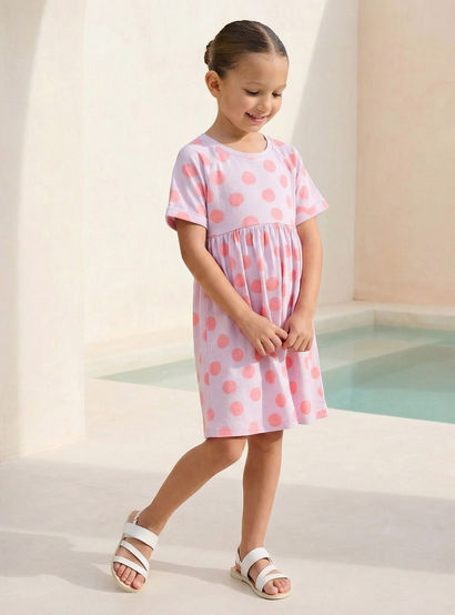Juniors Round Neck Short Sleeves Knee Length A-line Dress with Polka Dot Print-girls-clothing-dressesandjumpsuits-image-1