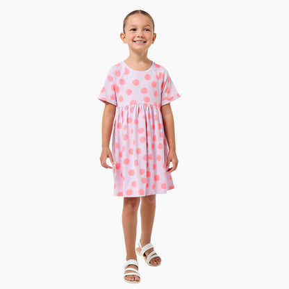 Juniors Round Neck Short Sleeves Knee Length A-line Dress with Polka Dot Print