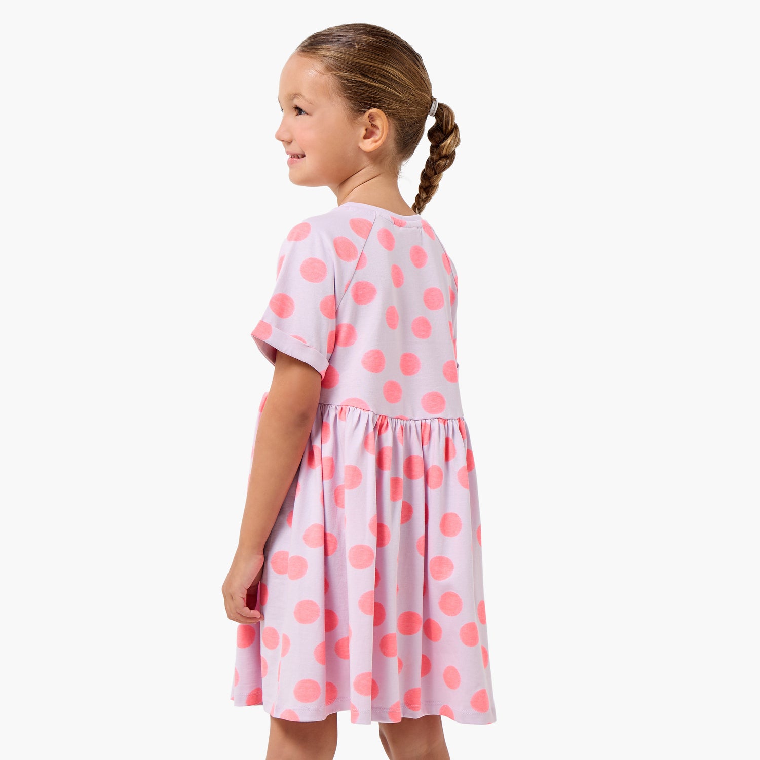 Juniors Round Neck Short Sleeves Knee Length A-line Dress with Polka Dot Print